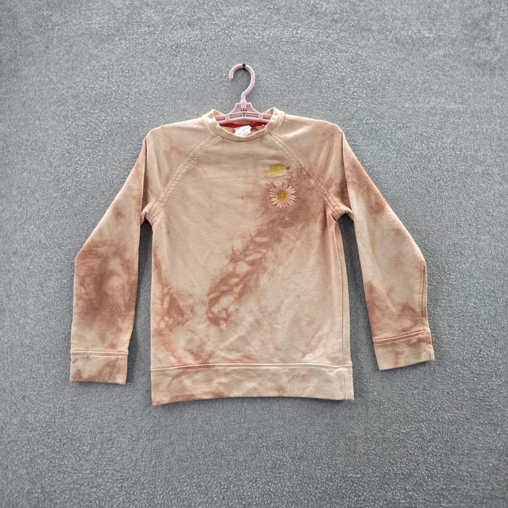 Nike Boys Sweatshirt M Beige Tie Dye Daisy Swoosh Embroidered Logo Long Sleeve